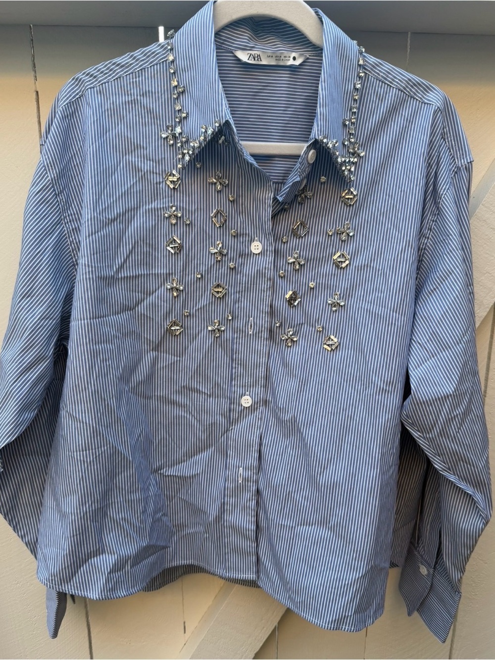 Zara | Tops | Zara Jewel Appliqu Poplin
Stripe Blue White Shirt size M